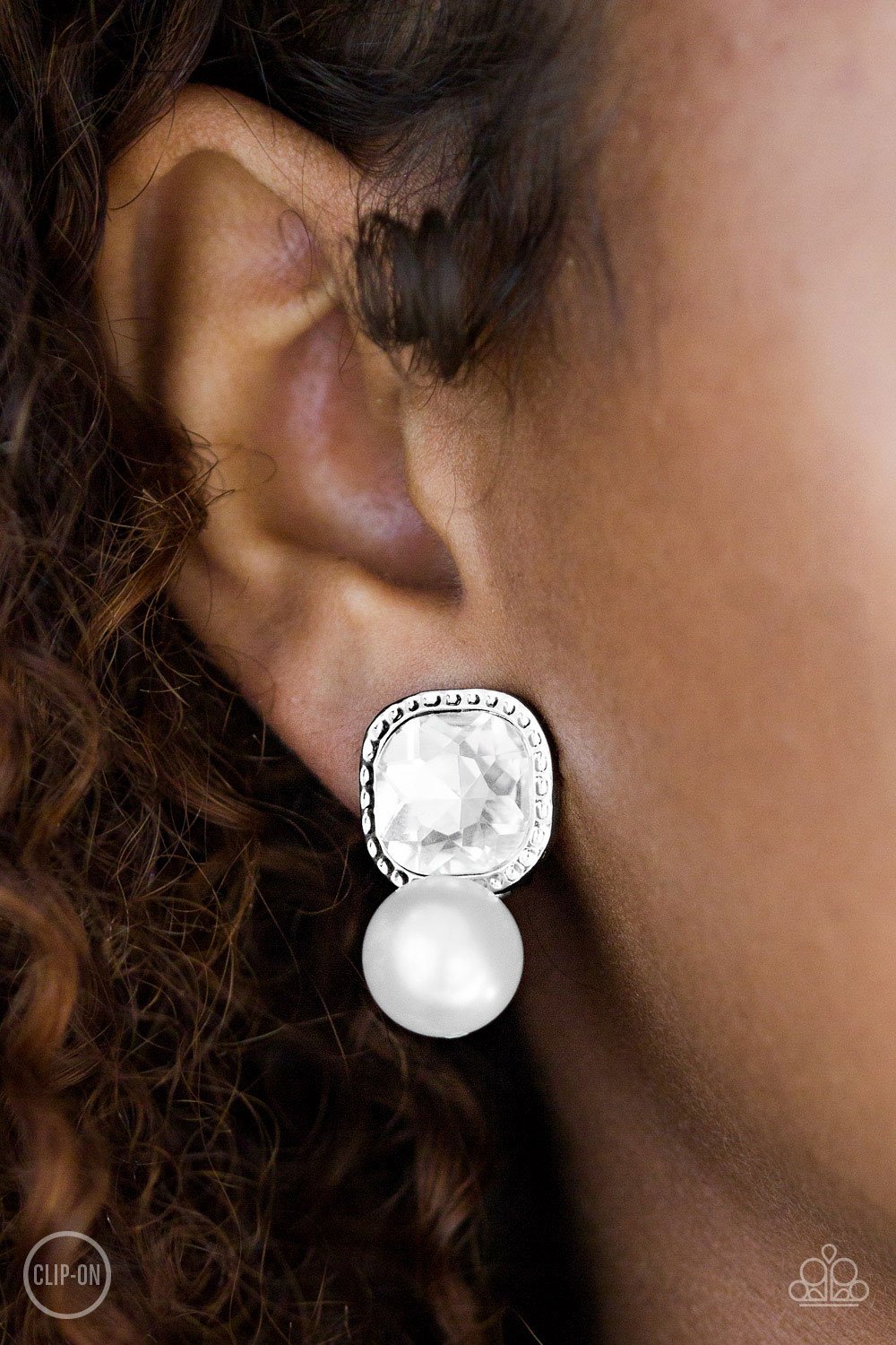 Gatsby Gleam - White Clip-On Earring - Paparazzi - Dare2bdazzlin N Jewelry
