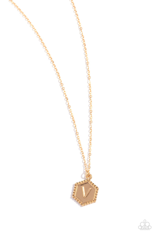 Emblematic Elegance - Gold - V Necklace - Paparazzi - Dare2bdazzlin N Jewelry