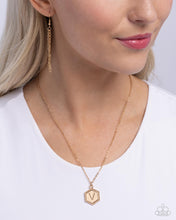 Load image into Gallery viewer, Emblematic Elegance - Gold - V Necklace - Paparazzi
