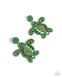 Turtle Tapestry Green Post Earring - Paparazzi - Dare2bdazzlin N Jewelry