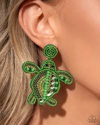 Turtle Tapestry Green Post Earring - Paparazzi - Dare2bdazzlin N Jewelry