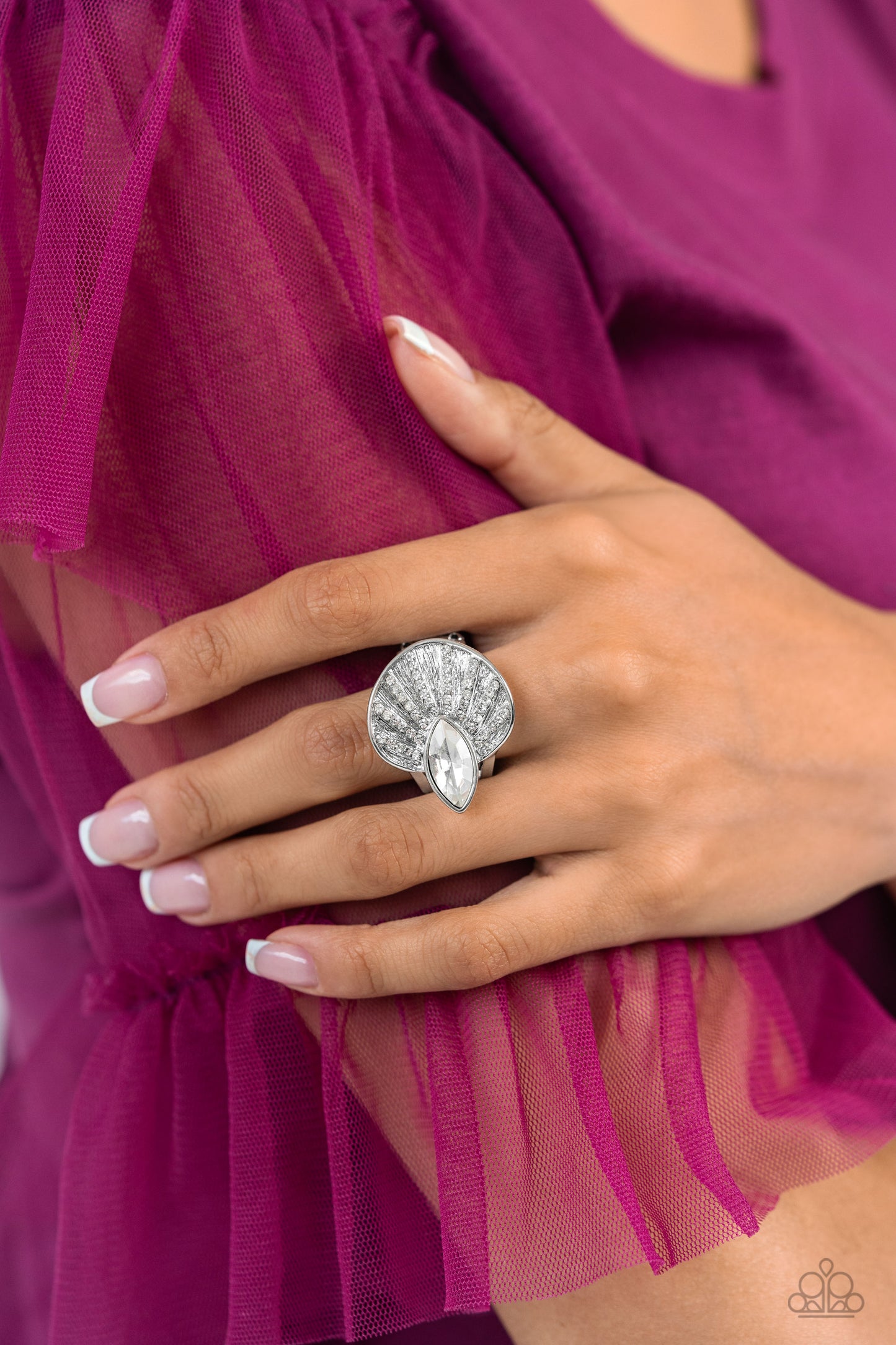 Fan Dance Dazzle - White Ring - Paparazzi - Dare2bdazzlin N Jewelry