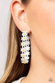 Daisy Disposition White Hoop Earring - Paparazzi - Dare2bdazzlin N Jewelry