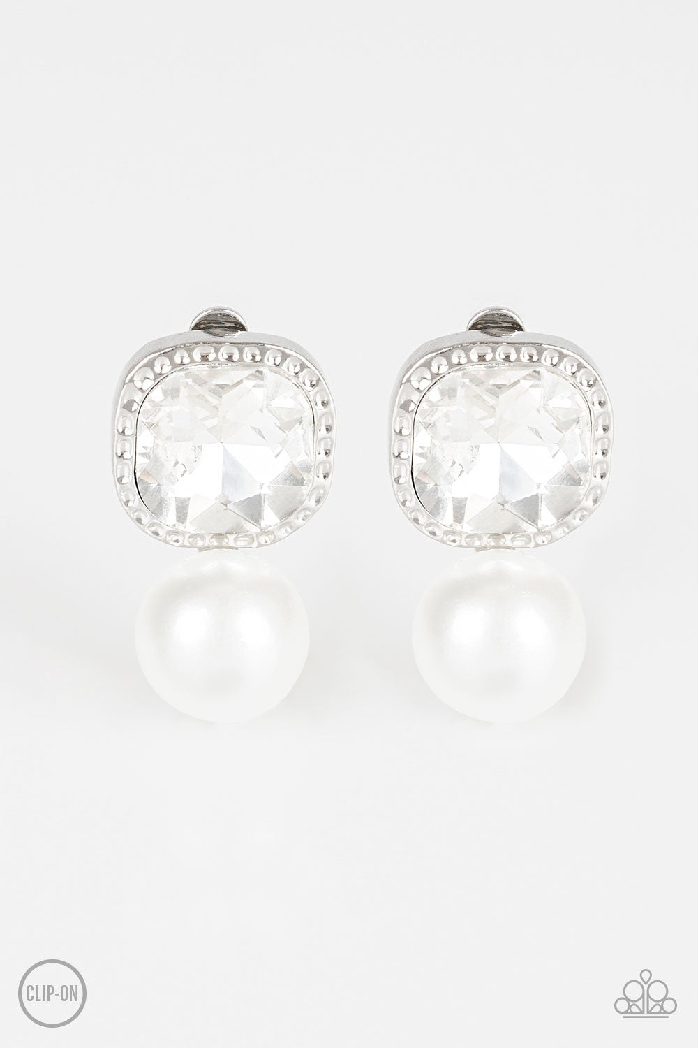 Gatsby Gleam - White Clip-On Earring - Paparazzi - Dare2bdazzlin N Jewelry