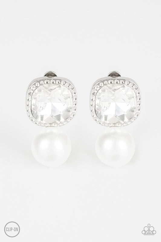 Gatsby Gleam - White Clip-On Earring - Paparazzi - Dare2bdazzlin N Jewelry